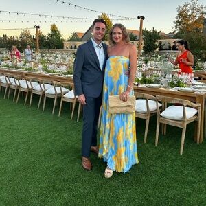 L’IDEE ELLE STRAPLESS PLEATED GOWN IN JARDIN BLUE.